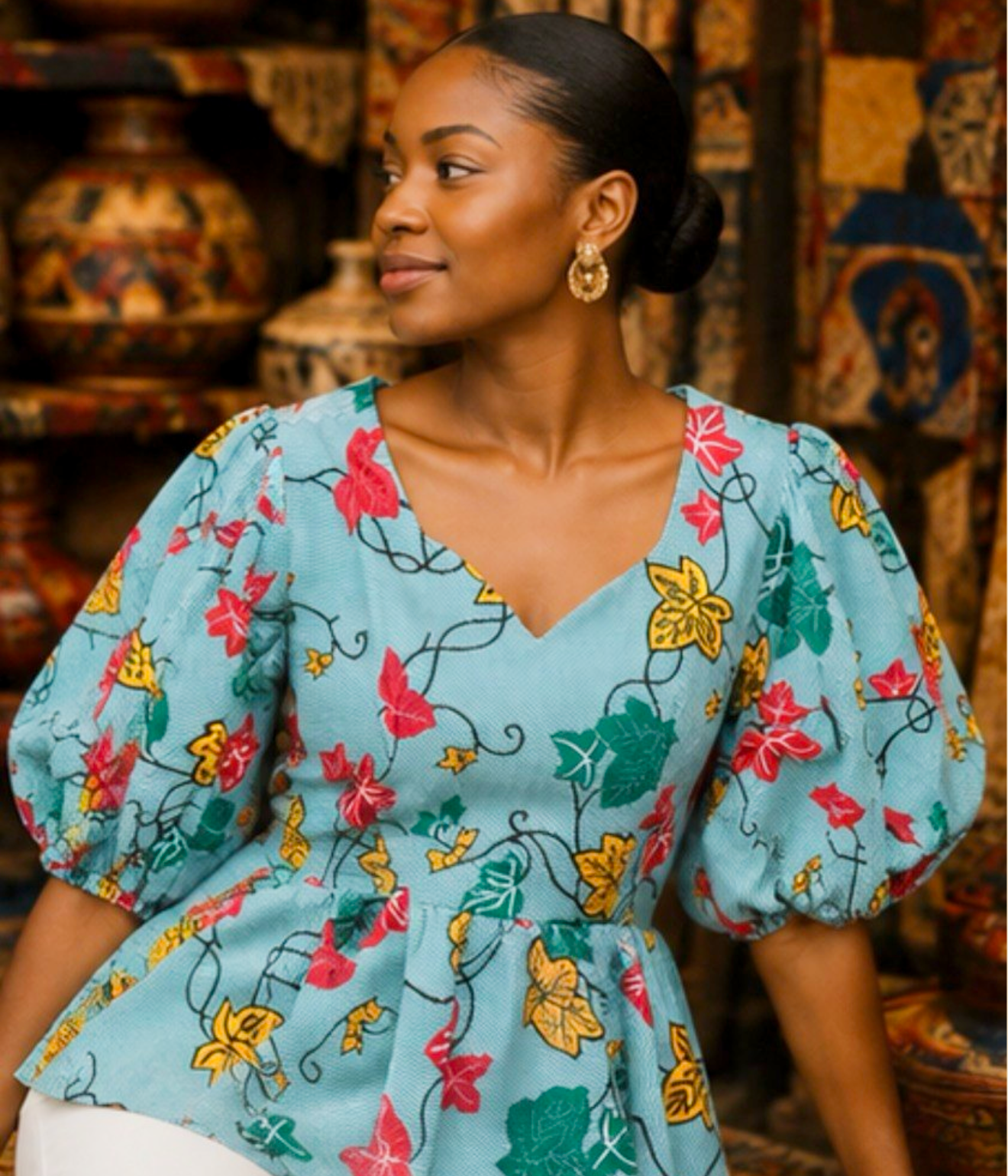 Women’s African Print Floral Peplum Top