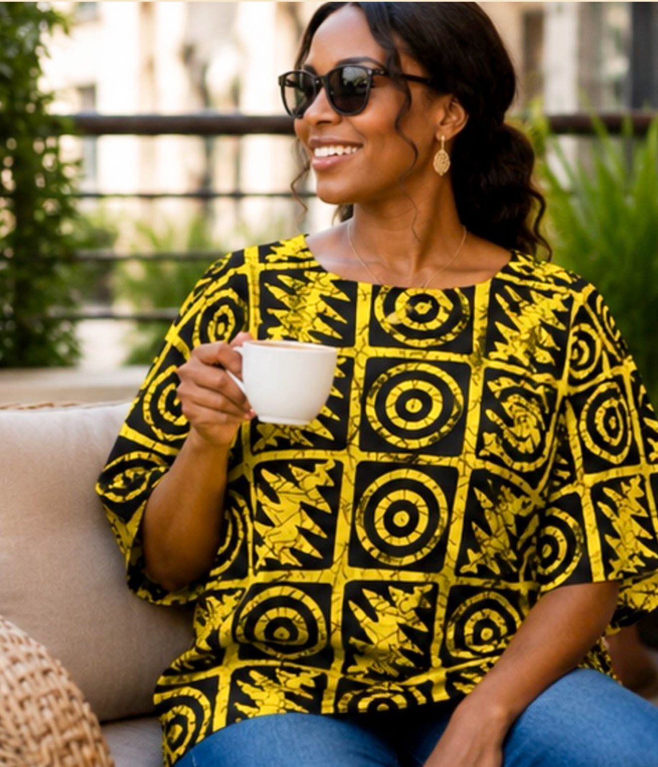 Women’s Yellow & Black African Print Short-Sleeve Top