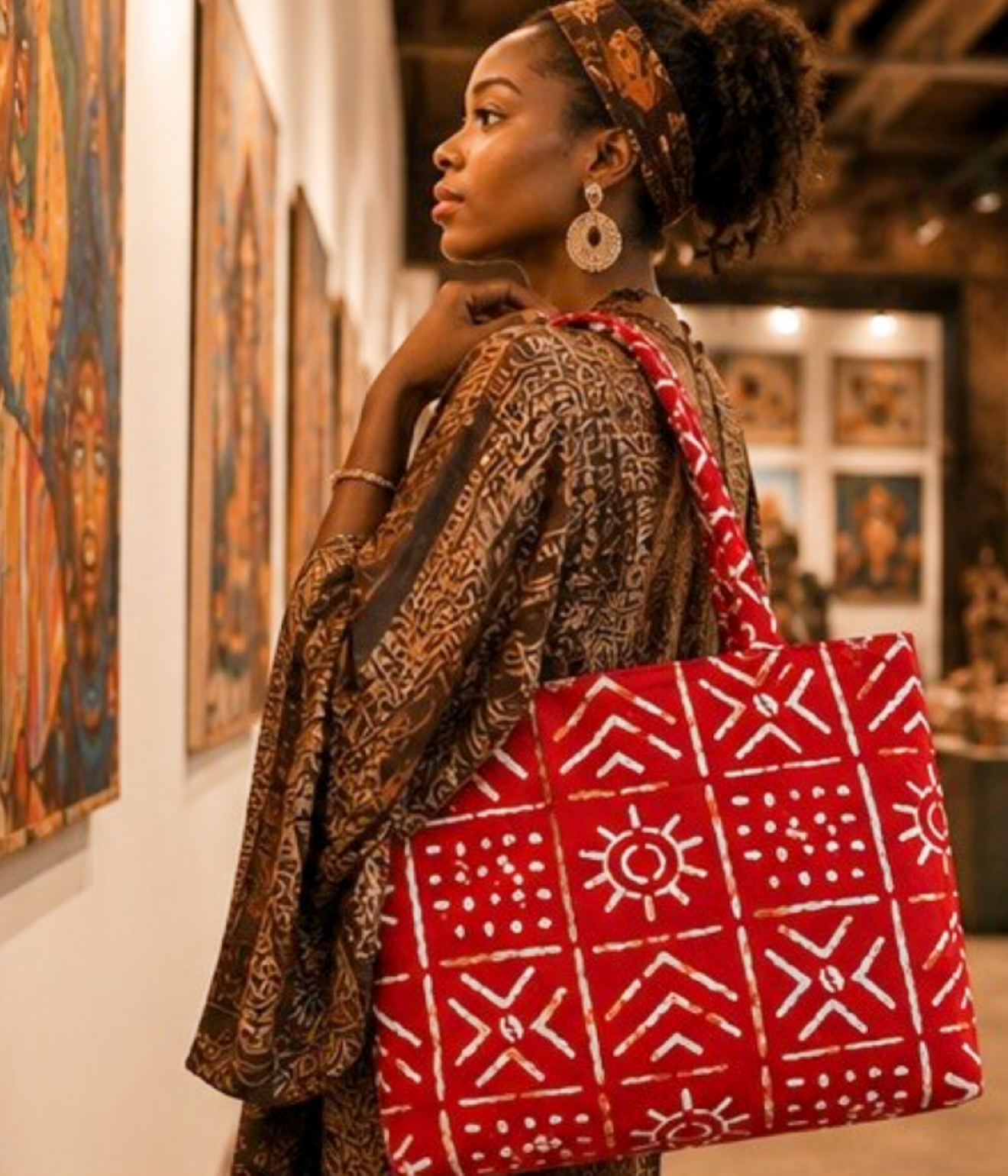 African Print Tote / Work Bag with Zipper Top – Red Mudcloth-Inspired Design