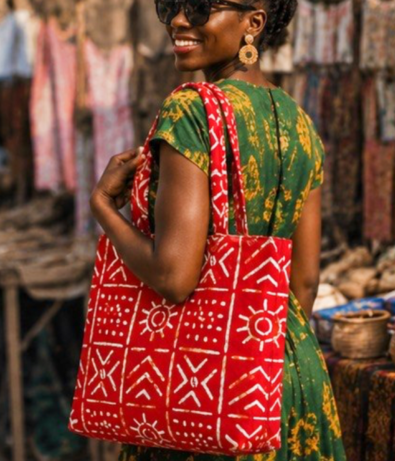 African Print Tote / Work Bag with Zipper Top – Red Mudcloth-Inspired Design