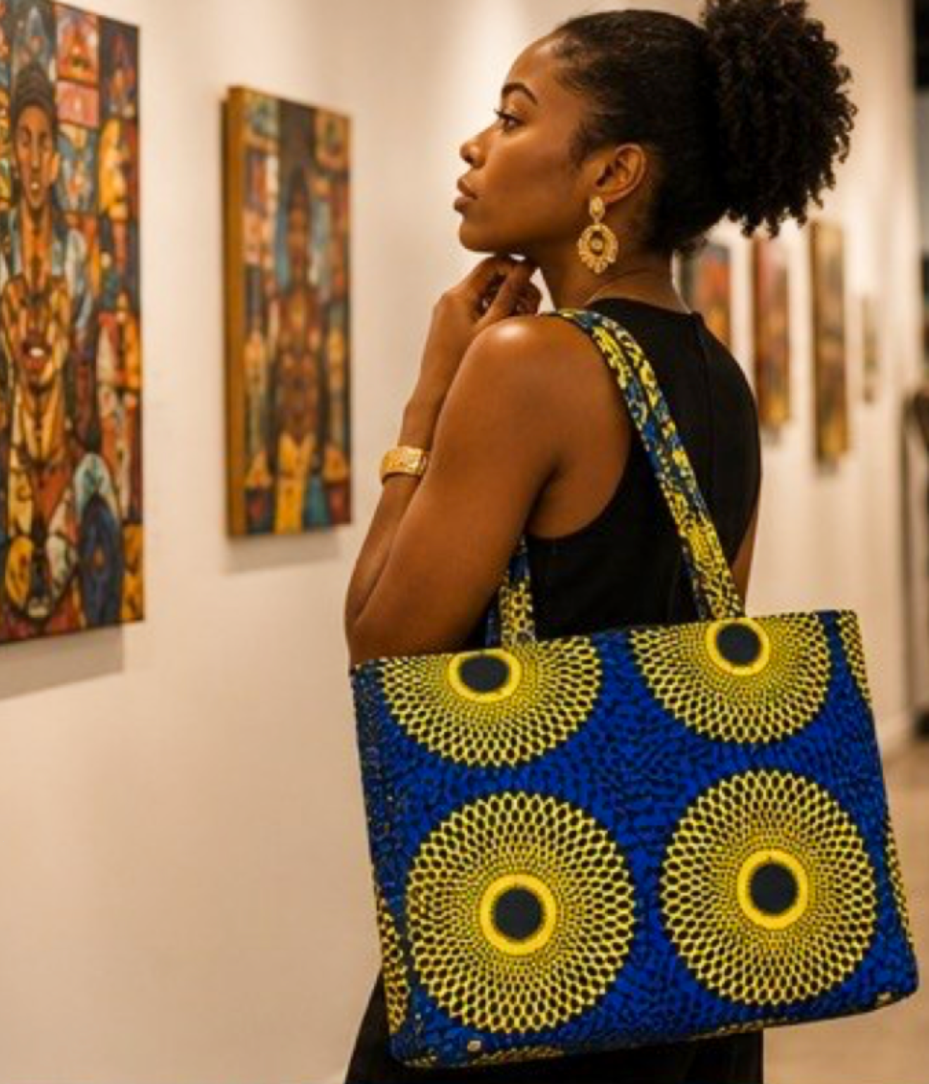 African Print Tote / Work Bag with Zipper Top – Royal Blue & Yellow