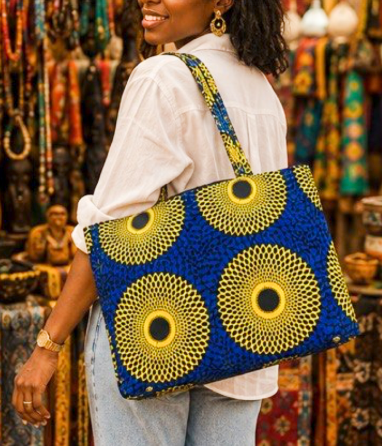 African Print Tote / Work Bag with Zipper Top – Royal Blue & Yellow