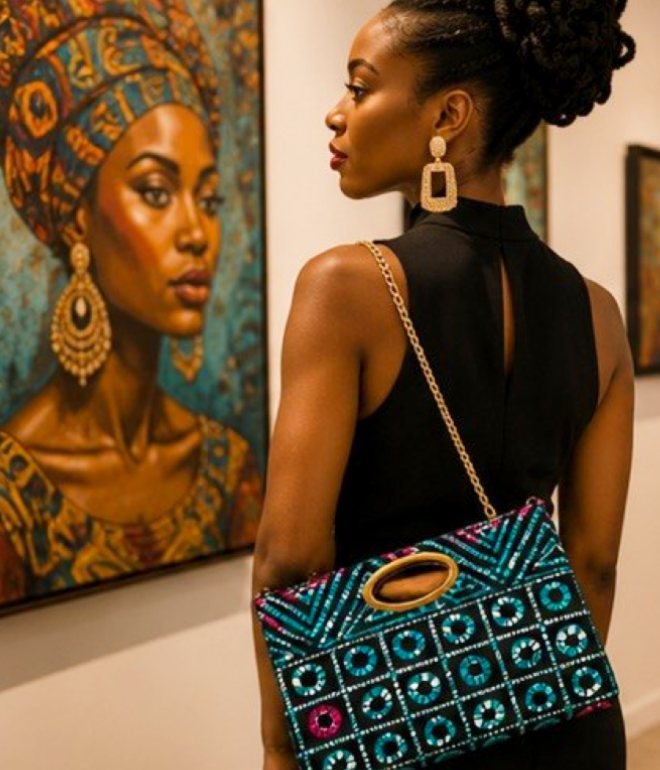 African Print Purse with Gold Chain Strap – Turquoise, Black & Pink
