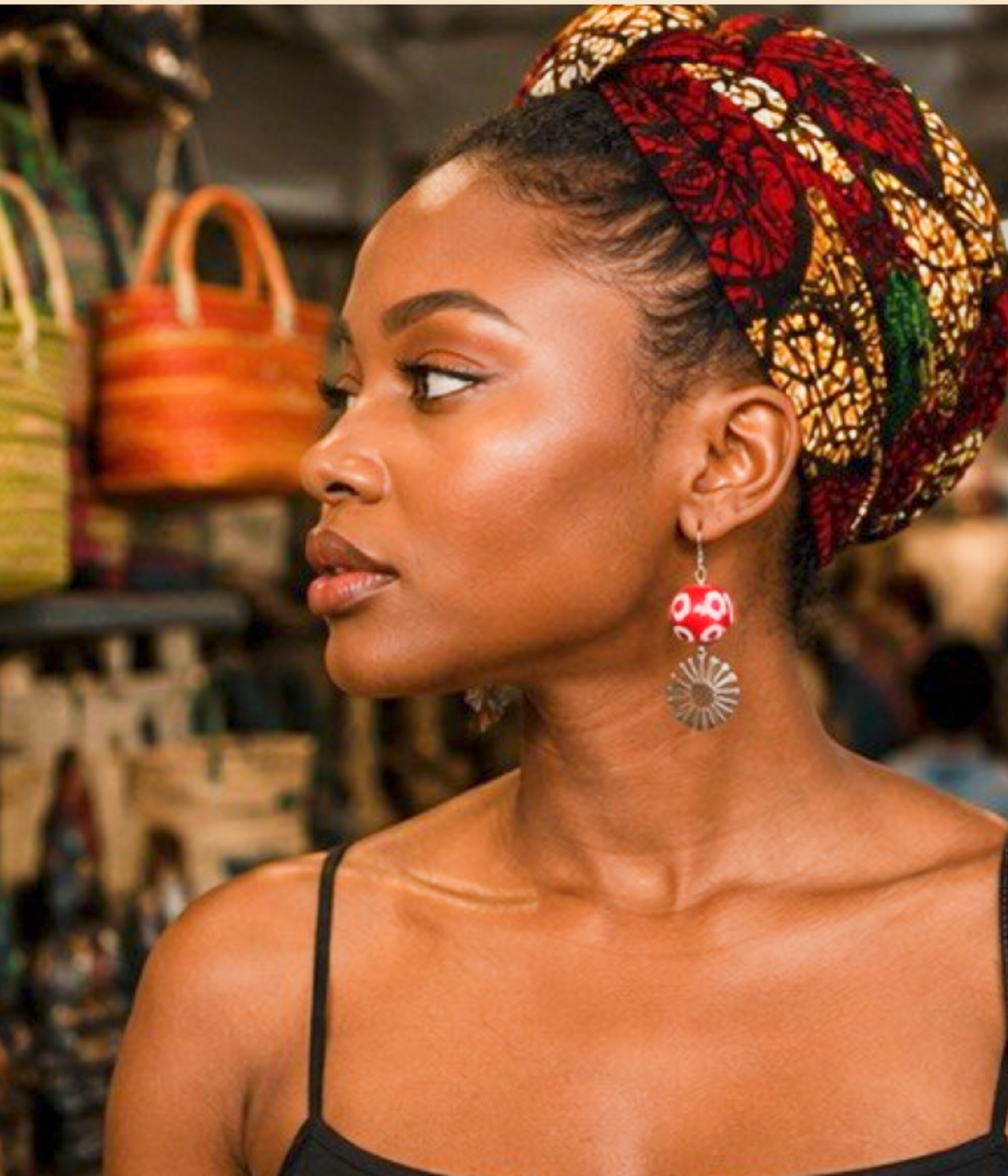 Red Beaded Sunburst Artisan Drop Earrings