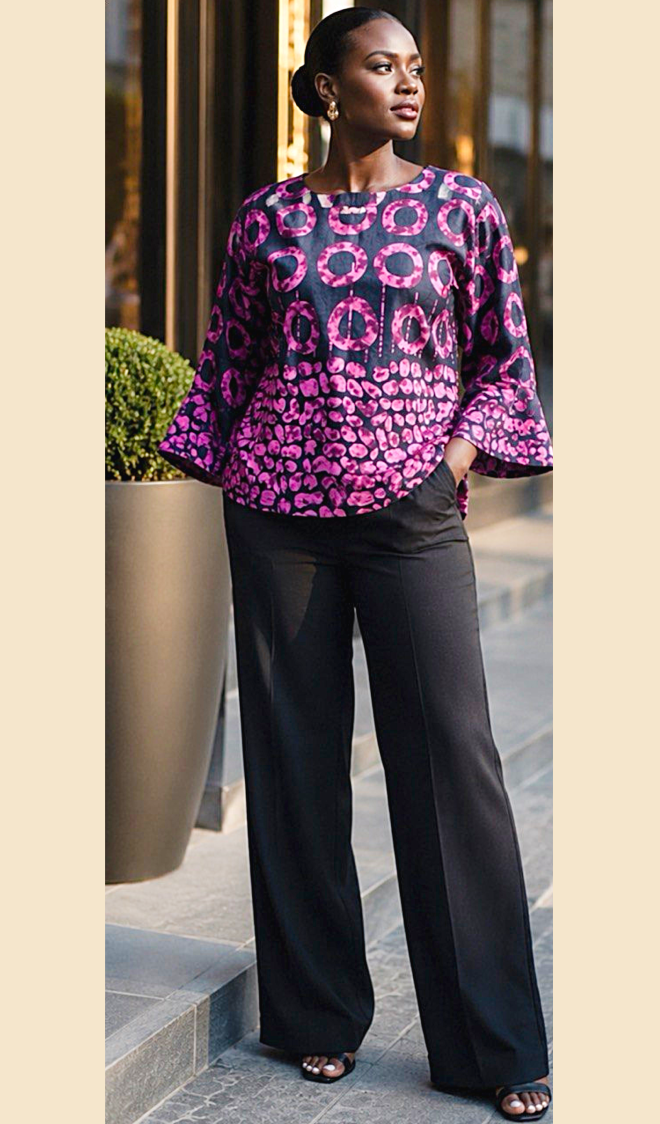 Women’s Pink & Black African Print Bell-Sleeve Top