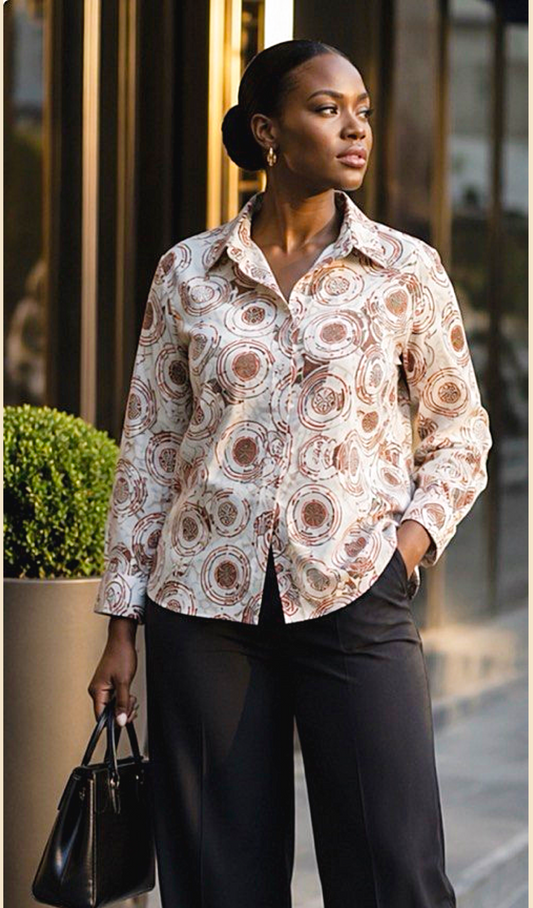 Women’s Cream & Rust African Print Long-Sleeve Shirt