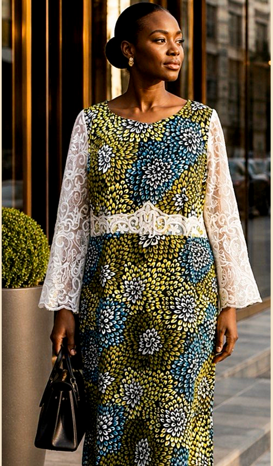Women’s African Print Lace-Sleeve Midi Dress
