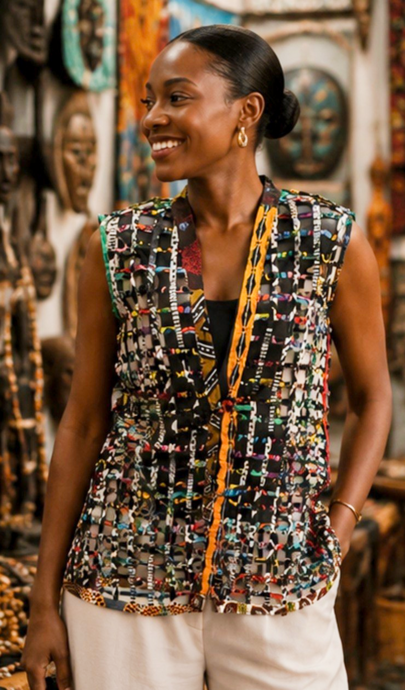 Women’s African Patchwork Open-Front Vest – Multicolor Statement Layer