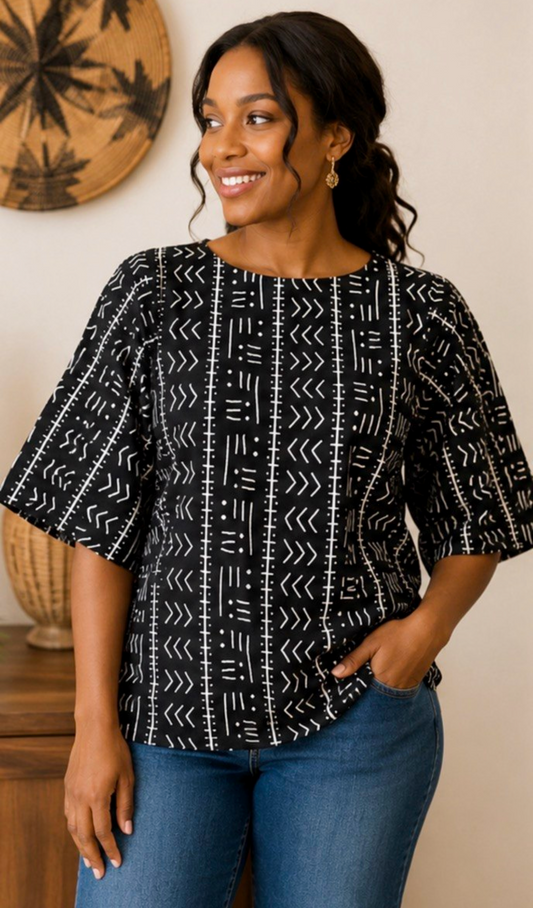 Women’s Black & White Mud Cloth Print Bell-Sleeve Top
