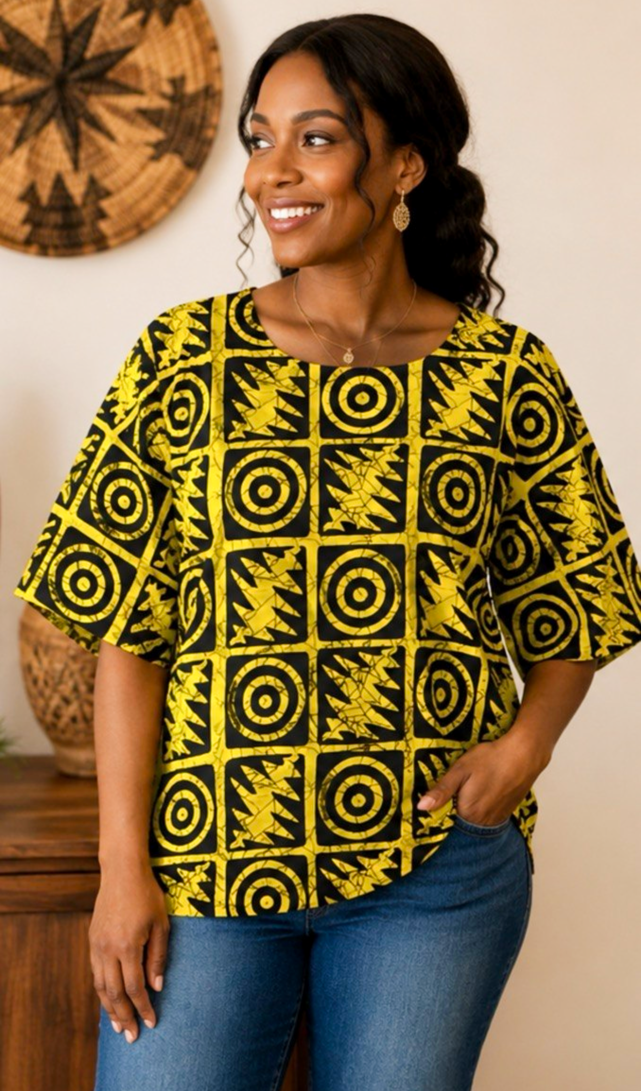 Women’s Yellow & Black African Print Short-Sleeve Top