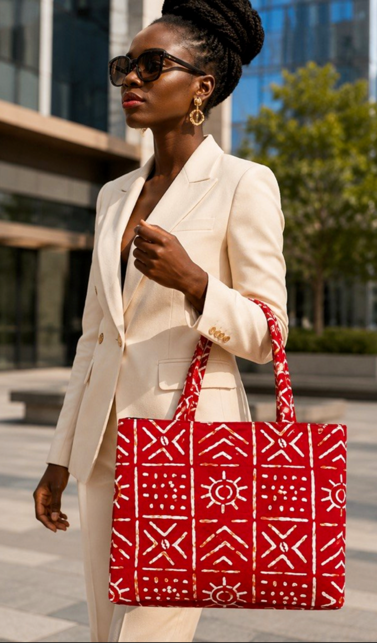 African Print Tote / Work Bag with Zipper Top – Red Mudcloth-Inspired Design