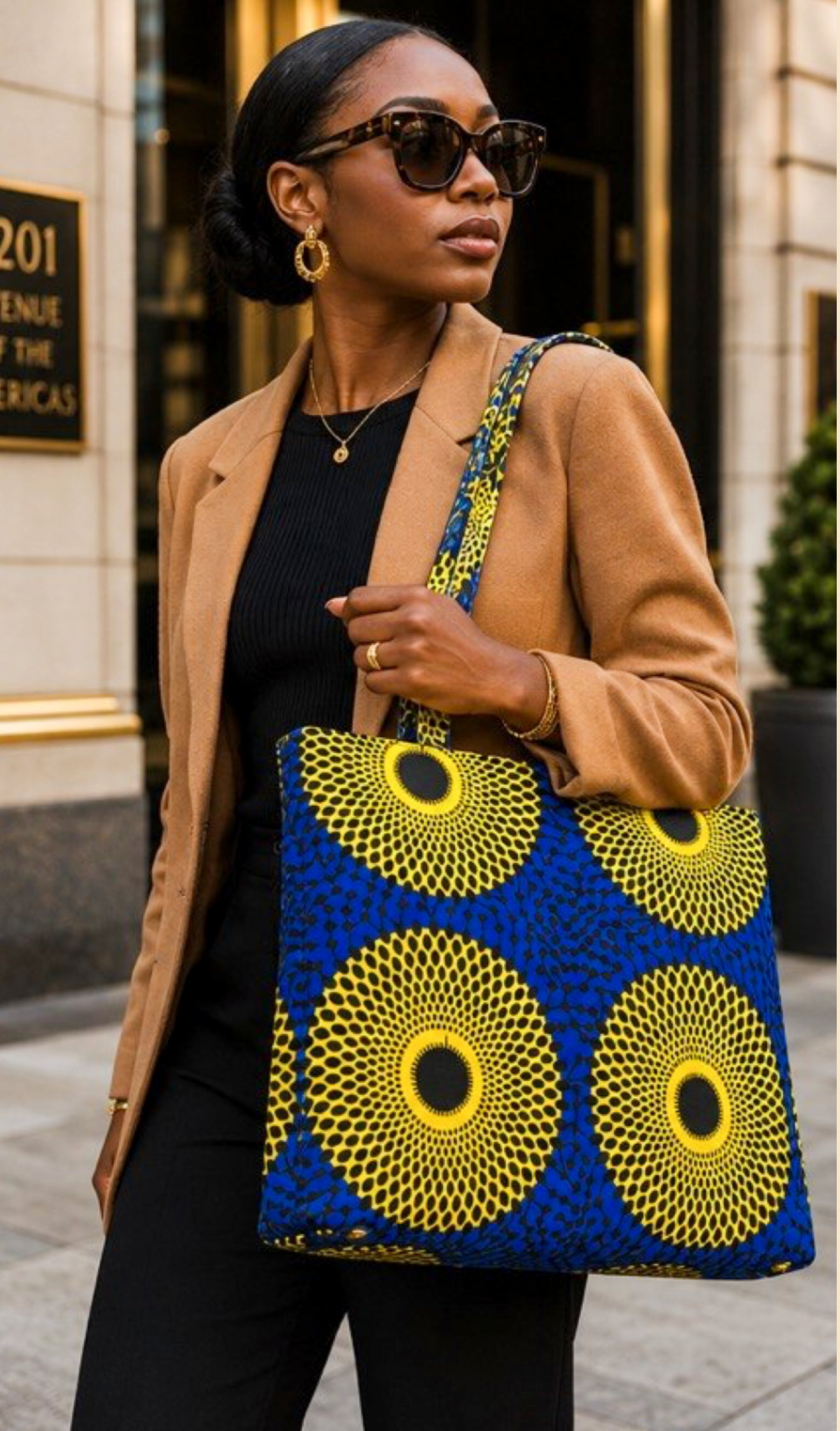 African Print Tote / Work Bag with Zipper Top – Royal Blue & Yellow