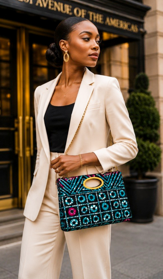 African Print Purse with Gold Chain Strap – Turquoise, Black & Pink