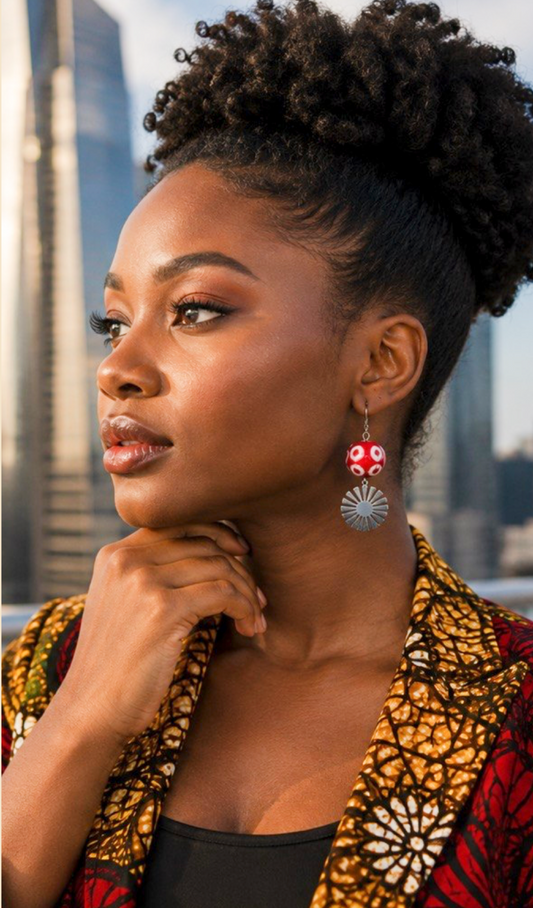 Red Beaded Sunburst Artisan Drop Earrings