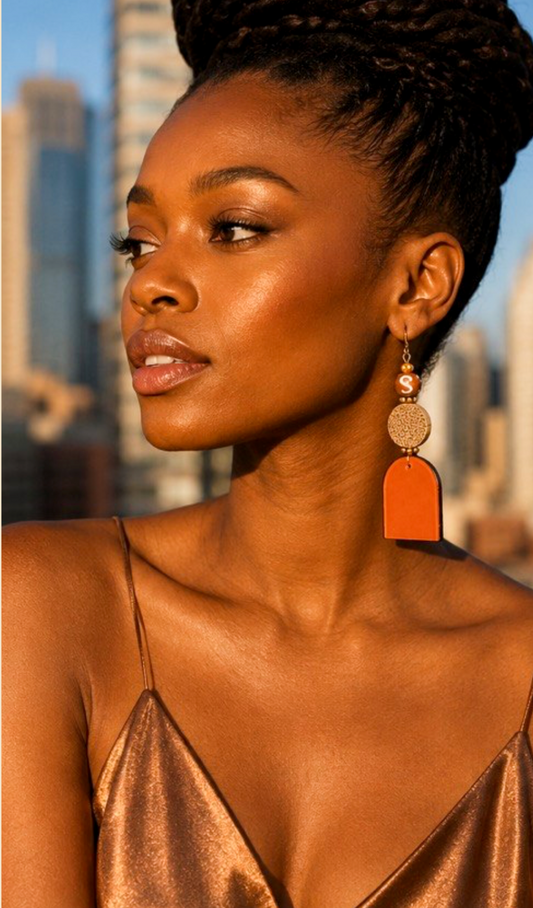 Burnt Orange & Wood Artisan Drop Earrings