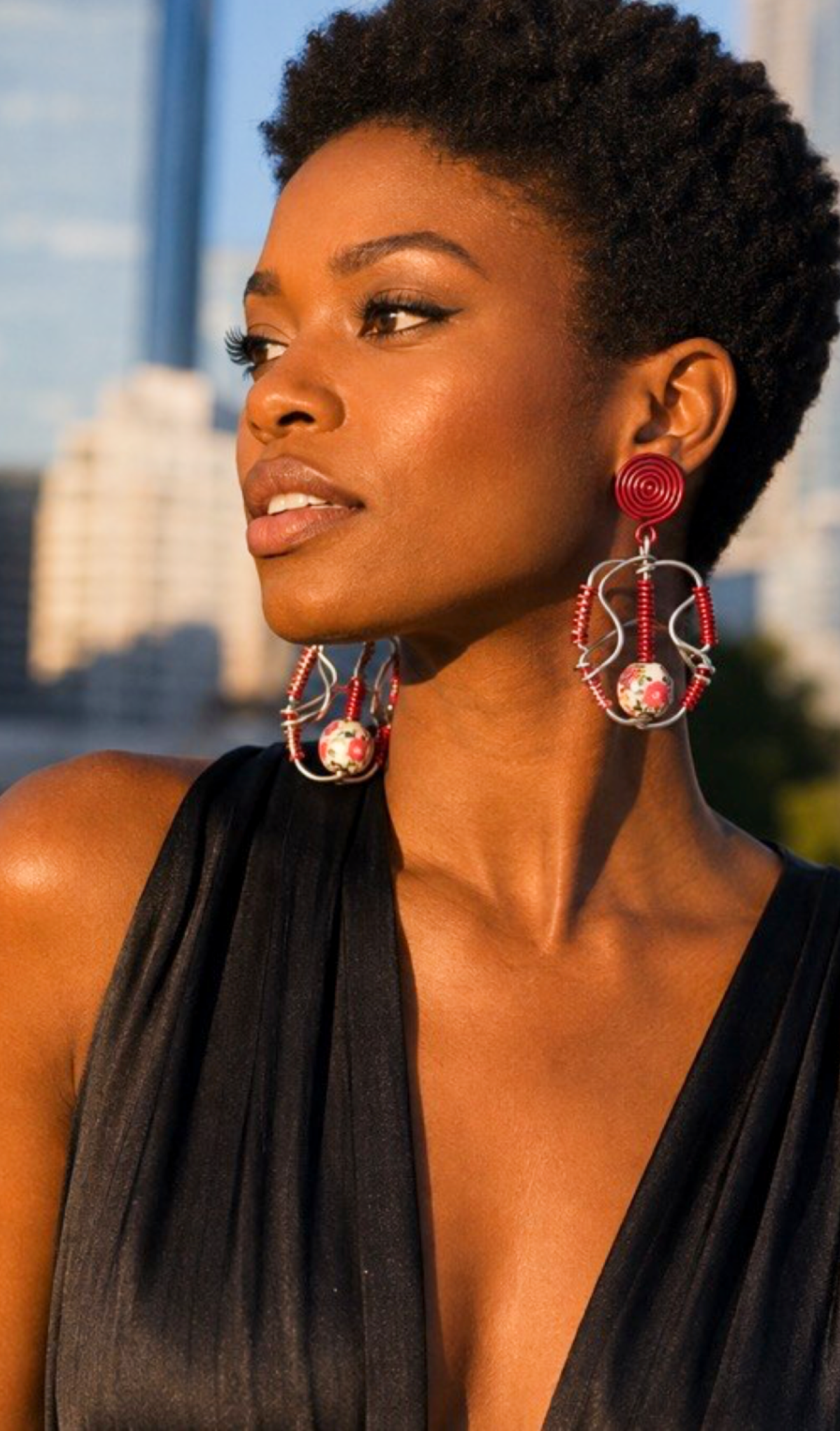 Red & Silver Wire Art Floral Bead Clip-On Earrings