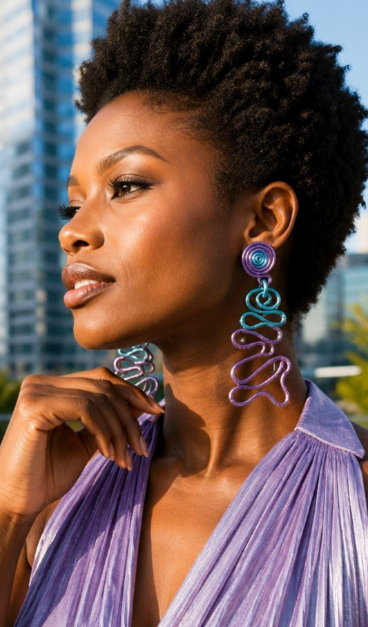 Purple & Turquoise Sculptural Wire Clip-On Earrings