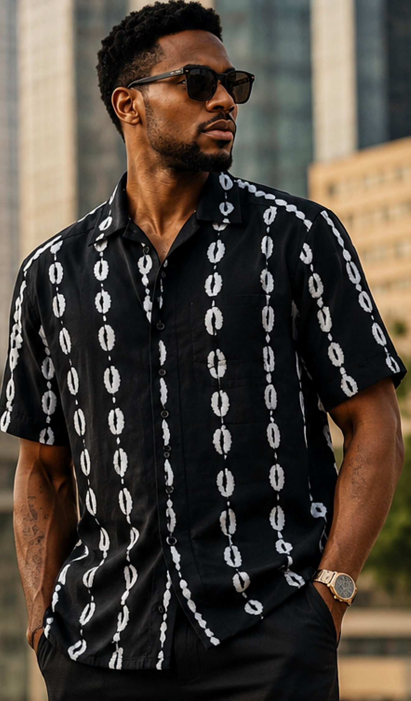 Men’s Black & White African Print Short-Sleeve Shirt