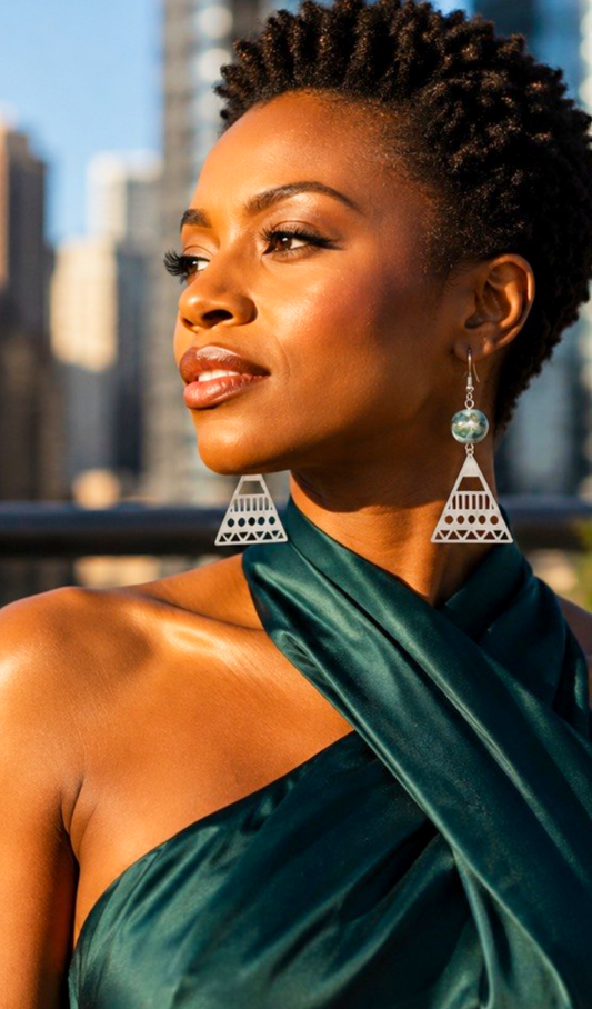 Green Stone & Silver Geometric Triangle Drop Earrings