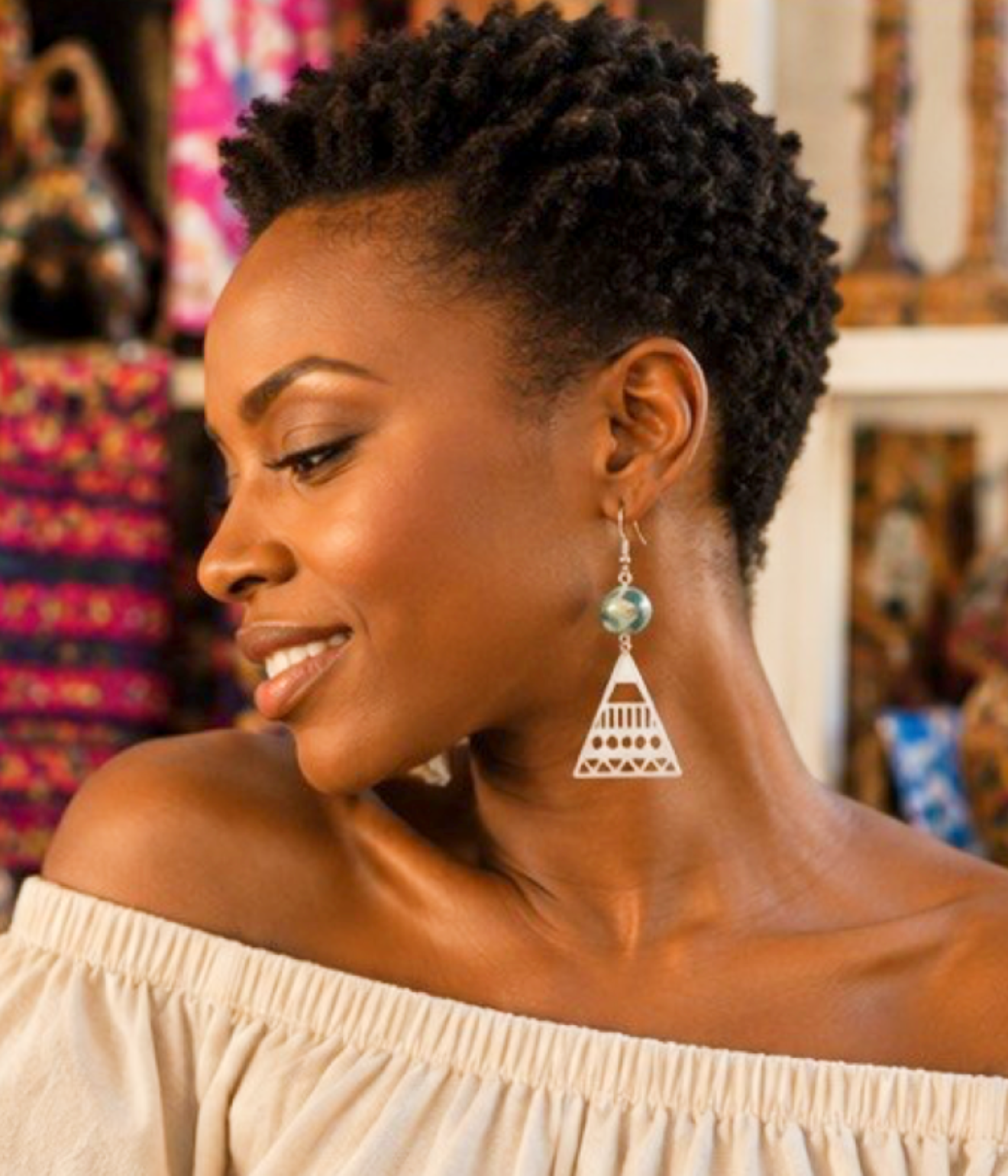 Green Stone & Silver Geometric Triangle Drop Earrings