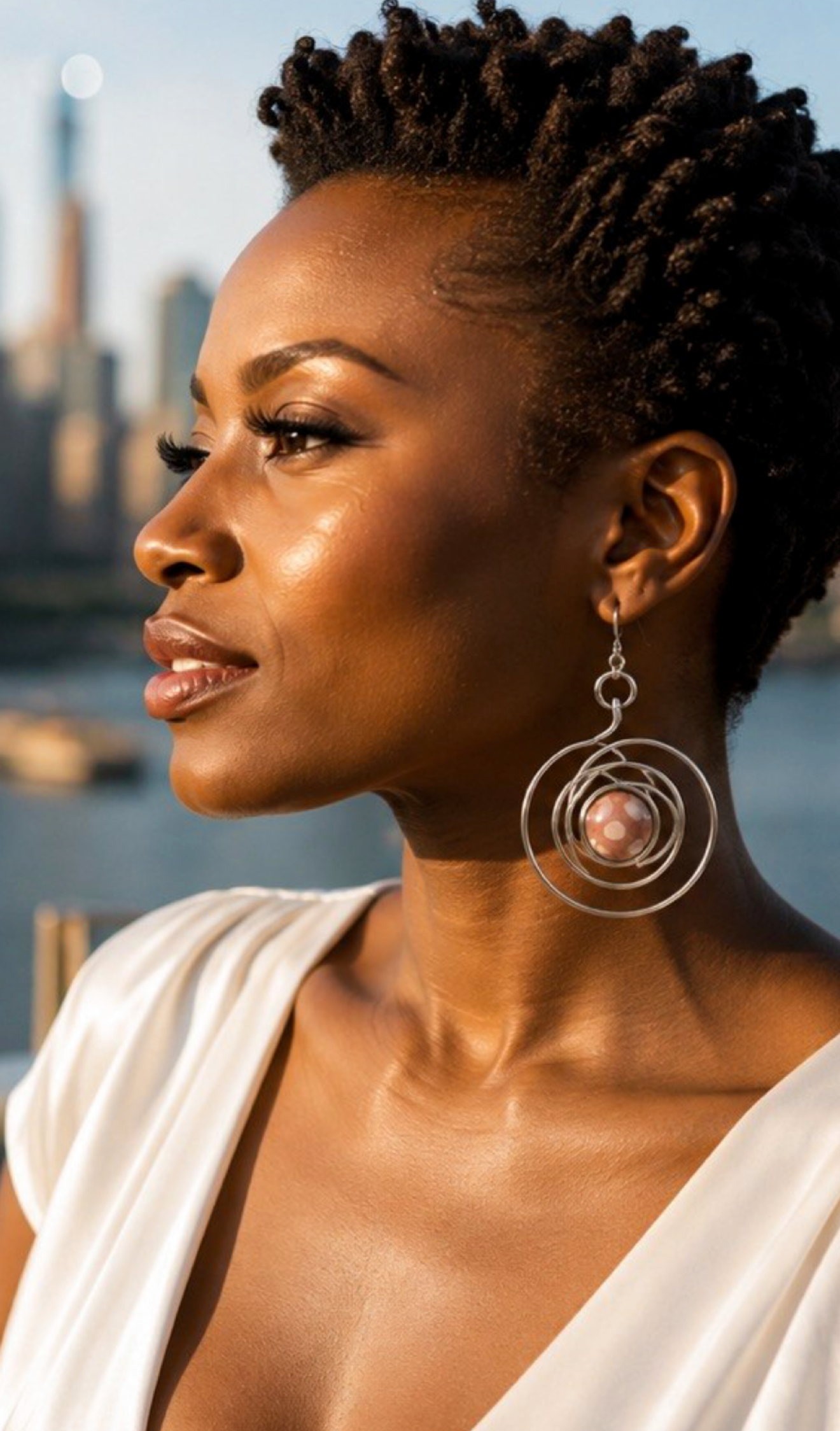 Silver Spiral Statement Earrings with Blush Accent Beads
