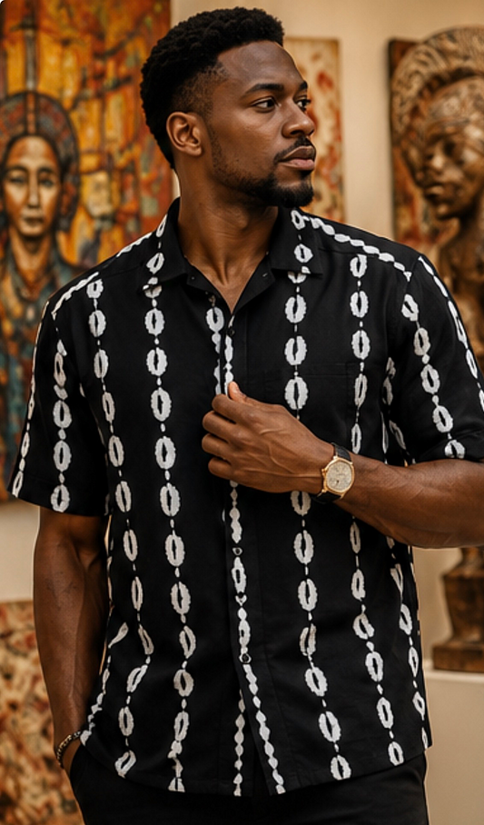Men’s Black & White African Print Short-Sleeve Shirt