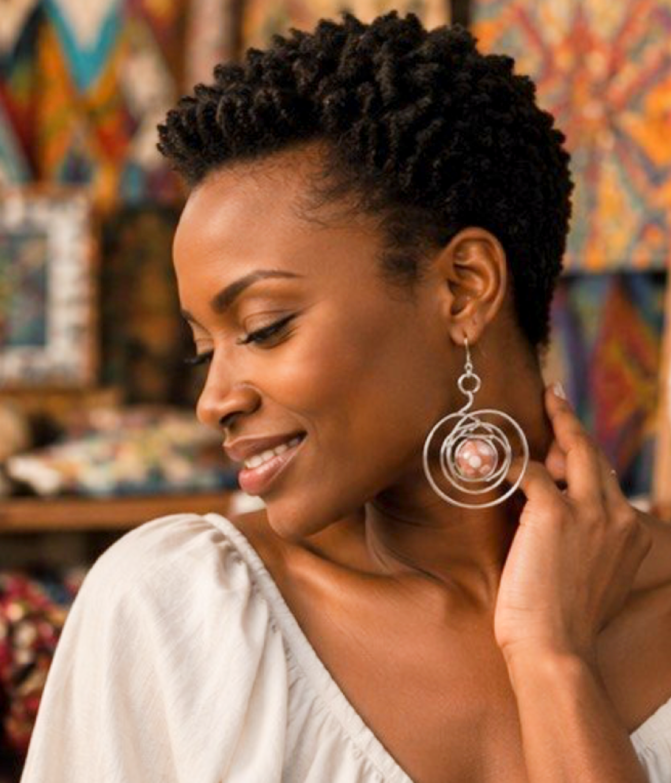 Silver Spiral Statement Earrings with Blush Accent Beads
