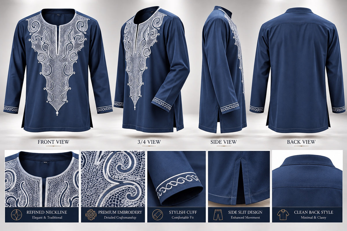 Men's royal navy blue dashiki long sleeve tunic with silver scrollwork