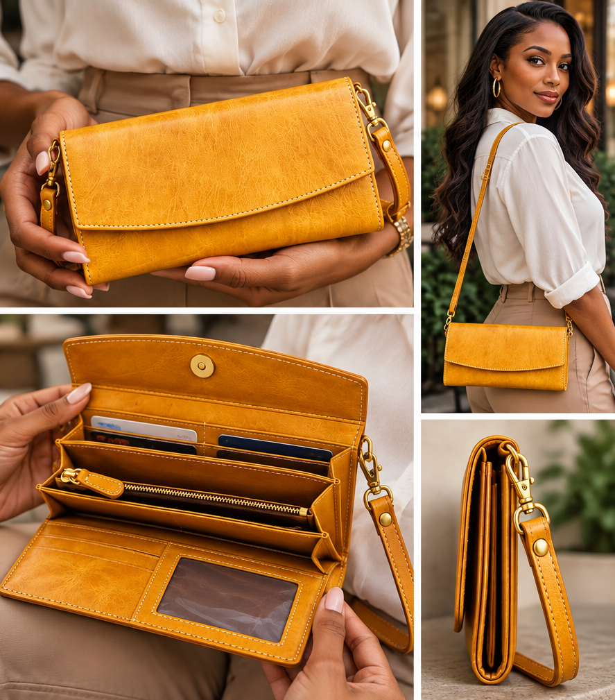 Women's Genuine Leather Crossbody Wallet with detachable strap