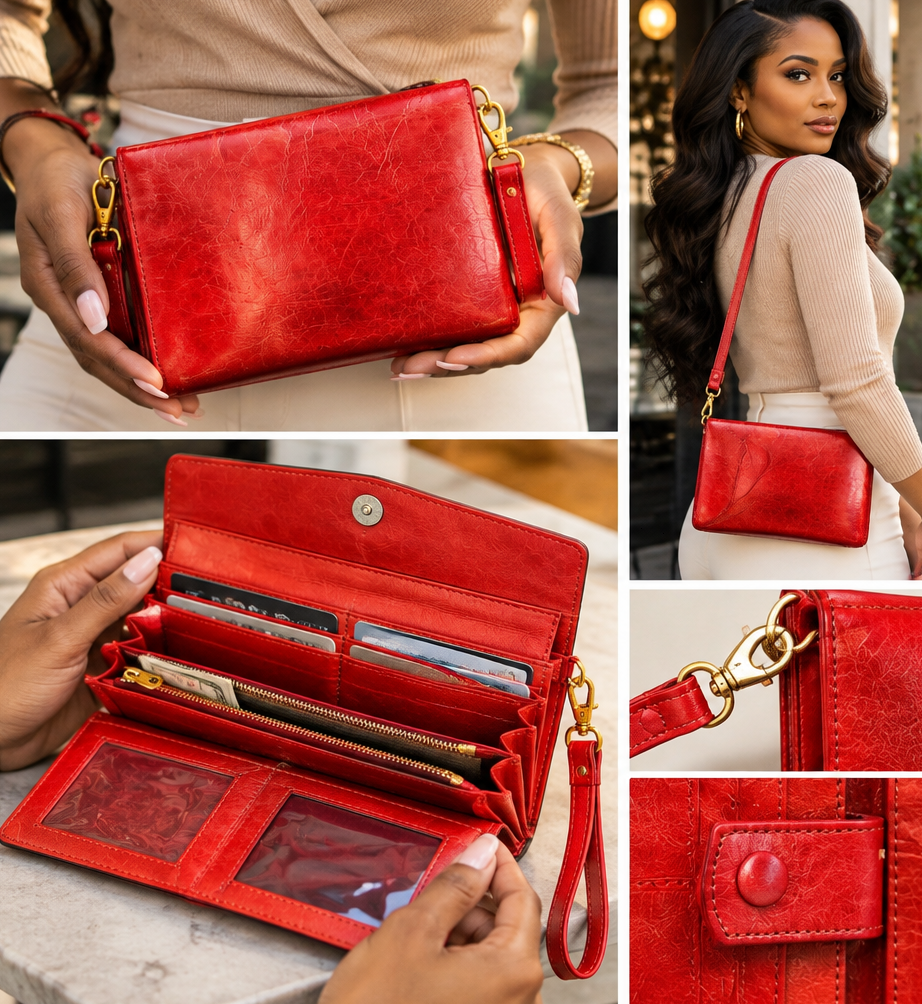 Women's Genuine Leather Crossbody Wallet with detachable strap