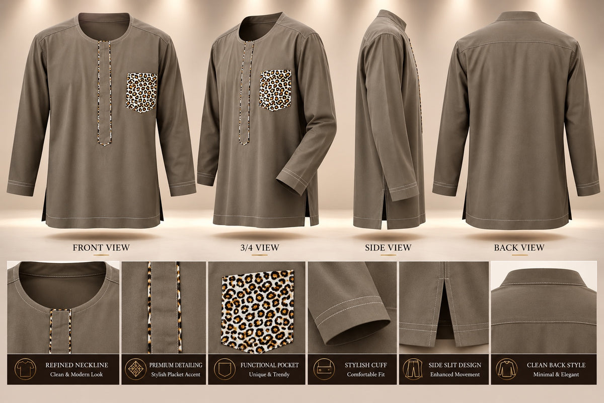 Men's taupe African-inspired long sleeve tunic with leopard print pocket